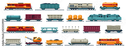 Cargo locomotive. Freight railway train and coal transportation wagon, railroad heavy transport vehicles, heavy goods transport, cargo logistic concept. Vector isolated set