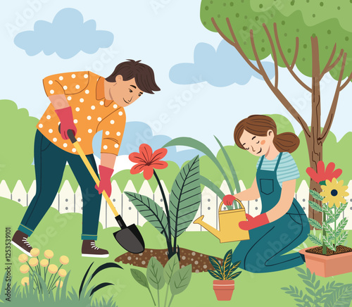 Happy couple planting a flower in backyard garden
