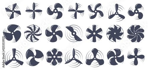 Propellers icons. Black wind turbine blades, airplane and boat engine rotor, electric ventilator and cooler, helicopter ship and aircraft equipment. Vector isolated set