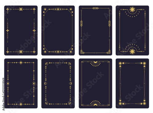 Tarot card frame. Geometric ornamental linear border with mystic astrological luxury elements, mystic esoteric design, astrology celestial luxury concept. Vector framing set