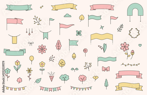 Cute spring title. Floral decorative headline banner with blooming cherry blossom, botanical frame ribbon with sakura flowers for card design. Vector title illustration