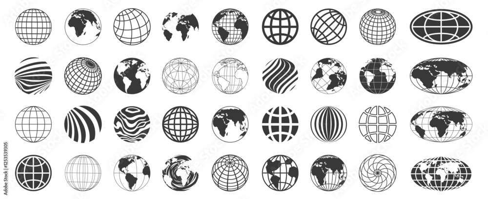 World globe icon. Abstract wireframe geometric planet earth logo, linear global worldwide network symbol, modern round web sign. Vector globe collection