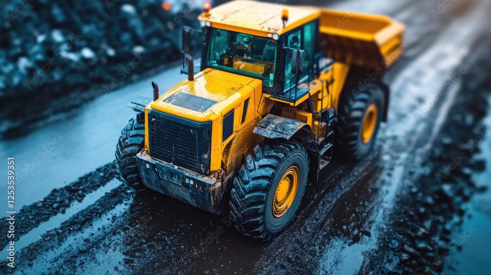 Yellow Construction Truck on Muddy Road During Industrial Work Project Yellow Construction Truck on Muddy Road During Industrial Work Project