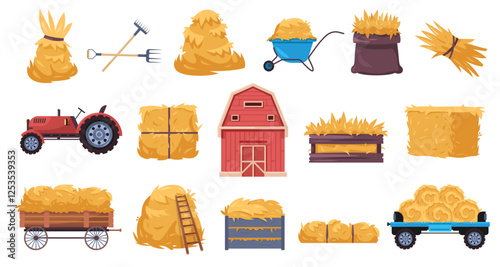Hay harvest set. Farm dry grass straw pile, rural fodder bale wheelbarrow barn, flat countryside agriculture hay elements. Vector isolated haystack collection