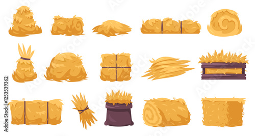 Hay stacks. Cartoon rural dry straw piles, countryside farm dried fodder bundles, agriculture organic haystack feed flat style. Vector isolated hay set