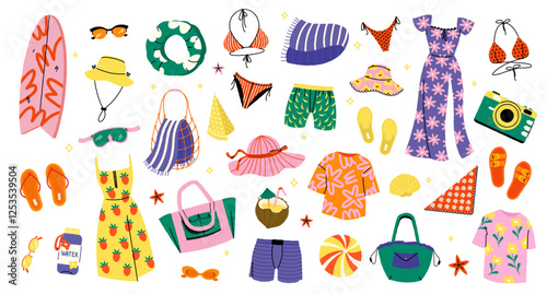 Summer beach items. Cartoon holiday elements with sunscreen, towel, flip flops, sunglasses, beach bag, cocktail, bikini, sea shell. Vector sea beach isolated set