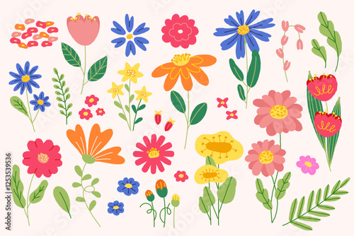 Cute spring flowers. Cartoon floral colorful elements, abstract doodle wild blossom leaves flat decorative graphic for wedding card. Vector flower isolated set