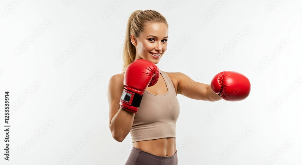 Confident and Smiling Female Boxer in Red Gloves Ready for Training – Fitness and Strength Concept Confident and Smiling Female Boxer in Red Gloves Ready for Training – Fitness and Strength Concept