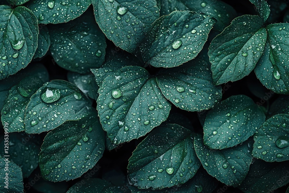 Fototapeta premium Lush Green Leaves with Water Droplets: Nature Refreshing Canvas for Tranquility and Rejuvenation