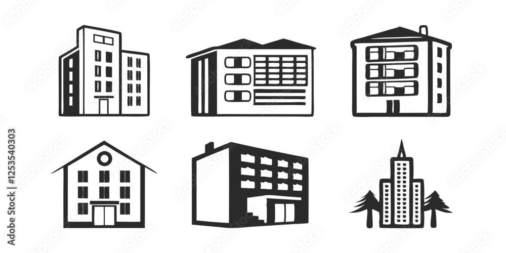 Building Icon Vector Set – Apartment, Skyscraper, and Architecture Symbols Building Icon Vector Set – Apartment, Skyscraper, and Architecture Symbols