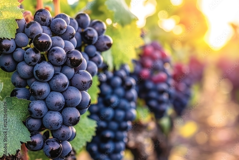 Ripe grapes on vine at sunset in vineyard, ideal for wine or harvest themes Ripe grapes on vine at sunset in vineyard, ideal for wine or harvest themes