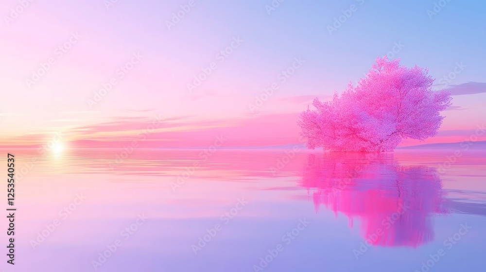 Fototapeta premium Lavender Dusk, vibrant hues of violet and rose paint the sky as the sun gracefully descends, creating a serene and enchanting evening atmosphere.