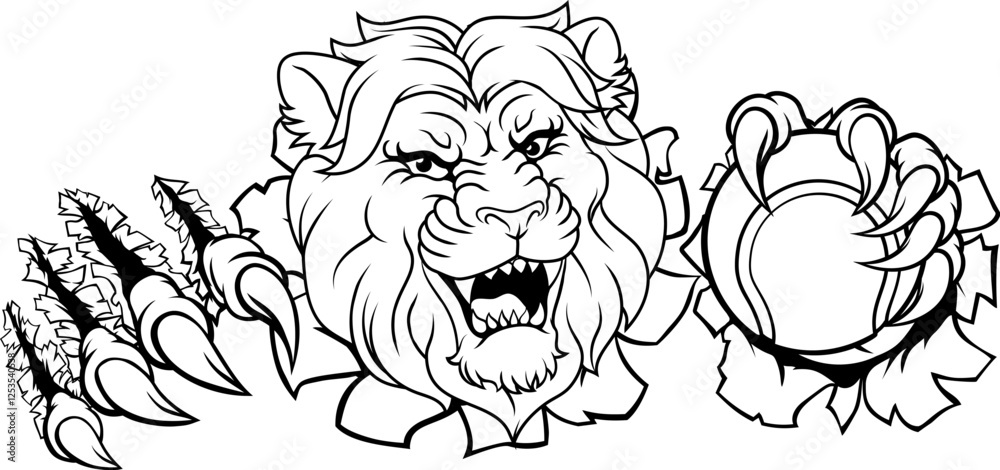 A lion with a tennis ball sports team animal cartoon mascot A lion with a tennis ball sports team animal cartoon mascot