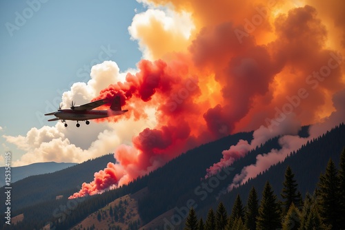 Air tanker battling wildfire dropping fire retardant over mountainous terrain photo