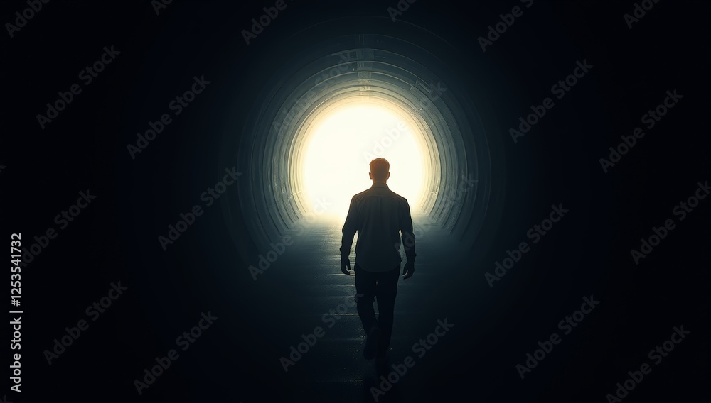 Silhouette of a man approaching light in a dark tunnel, symbolizing hope and renewal Silhouette of a man approaching light in a dark tunnel, symbolizing hope and renewal