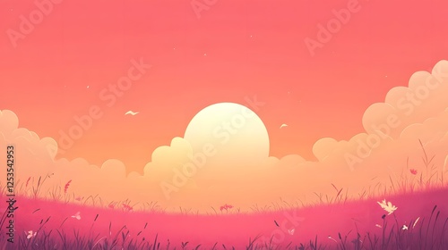 Sunset, Abstract Sunset Scene with Pink and Orange Sky, Stylized Sun and Cloud Design photo