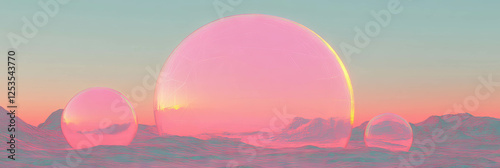 Golden sunset illuminating geodesic domes in a retro futuristic desert landscape