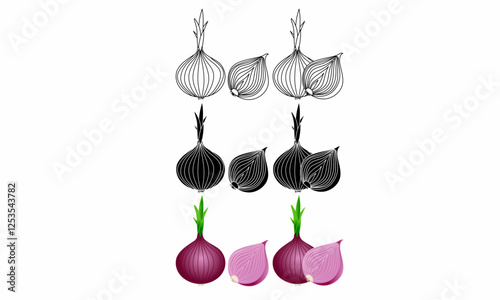 Set Vector illustration of red onions in outline, silhouette, and colored styles. Perfect for food, cooking, agriculture, organic produce, market, and healthy eating designs