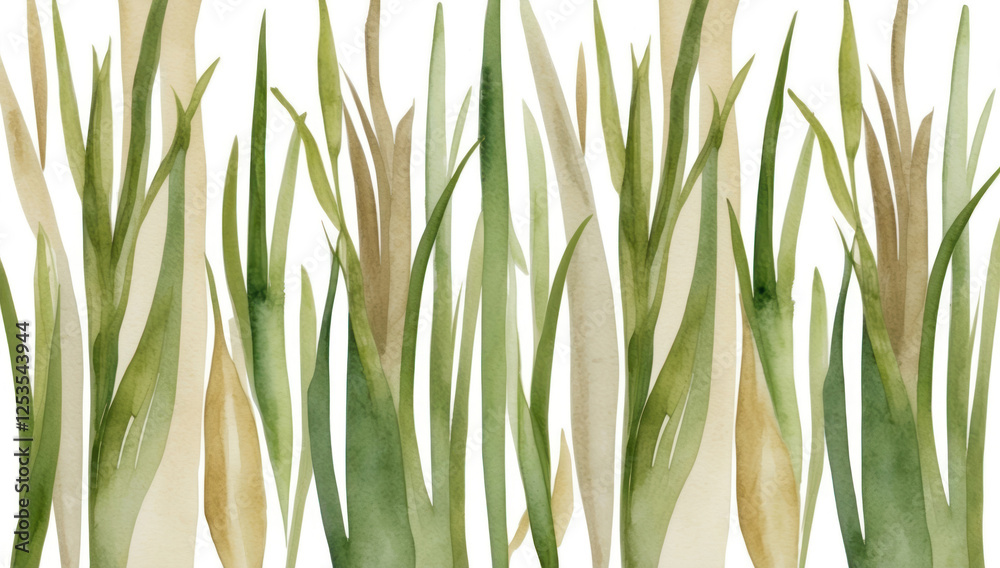 Obraz premium Watercolor background of spring grass and leaves in beige and green tones, a feeling of freshness and natural harmony.
