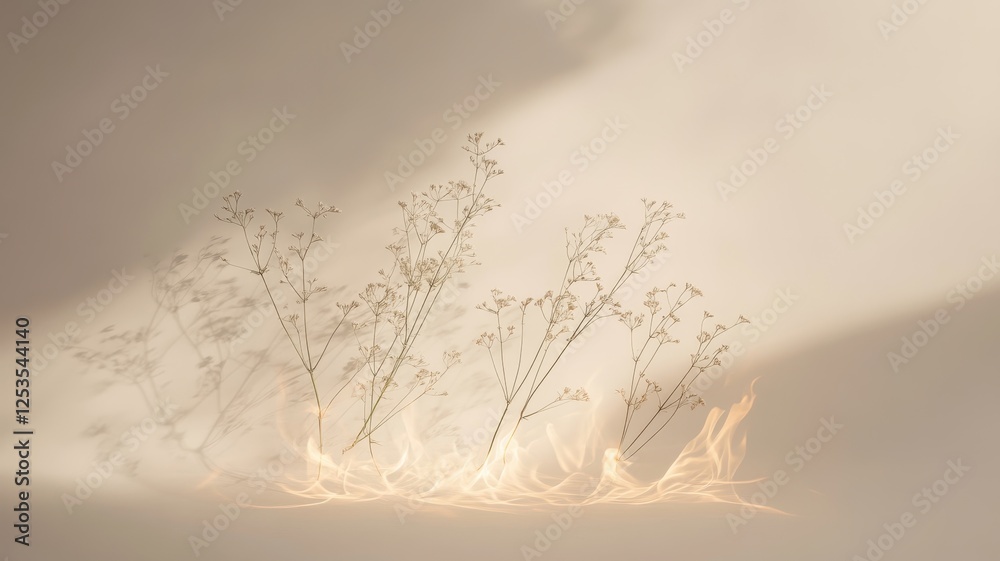 Fototapeta premium Delicate flowers illuminated by soft golden light casting gentle shadows.