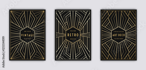 Art Deco frame set.  Balck retro geometric decorations on the dark background. Vintage cards geometry design. Linear golden metallic elements. EPS 10 vector illustration.