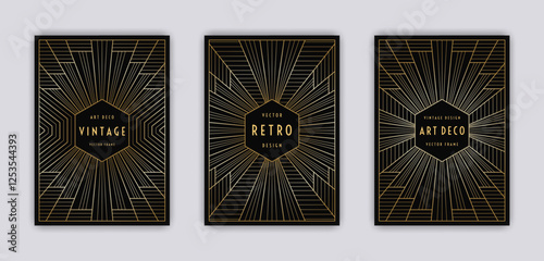 Retro geometric line art invitations on the dark background. Art Deco vintage style frame set. 
Gold decorated cards. Linear gold colored elements. EPS 10 vector illustration.