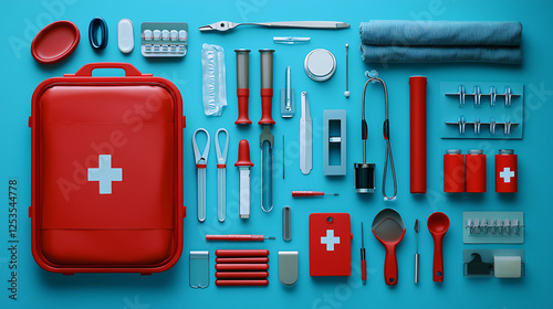 A bold red first aid kit on a bright blue background, carefully arranged with essential medical tools, evoking a sense of security and calm. photo