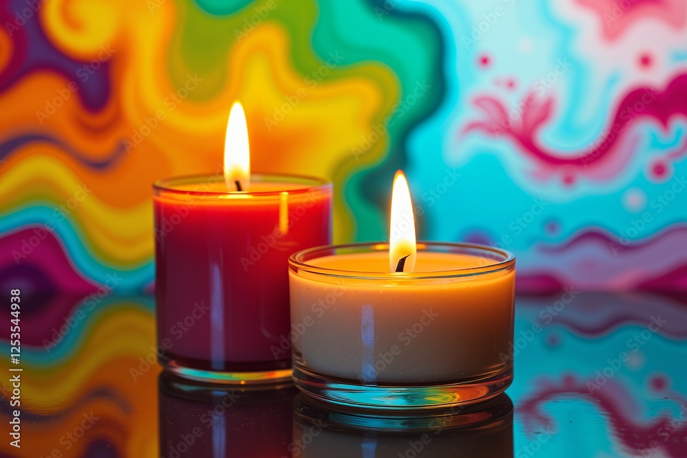 Two Burning Candles on Reflective Surface with Vibrant Abstract Background Two Burning Candles on Reflective Surface with Vibrant Abstract Background