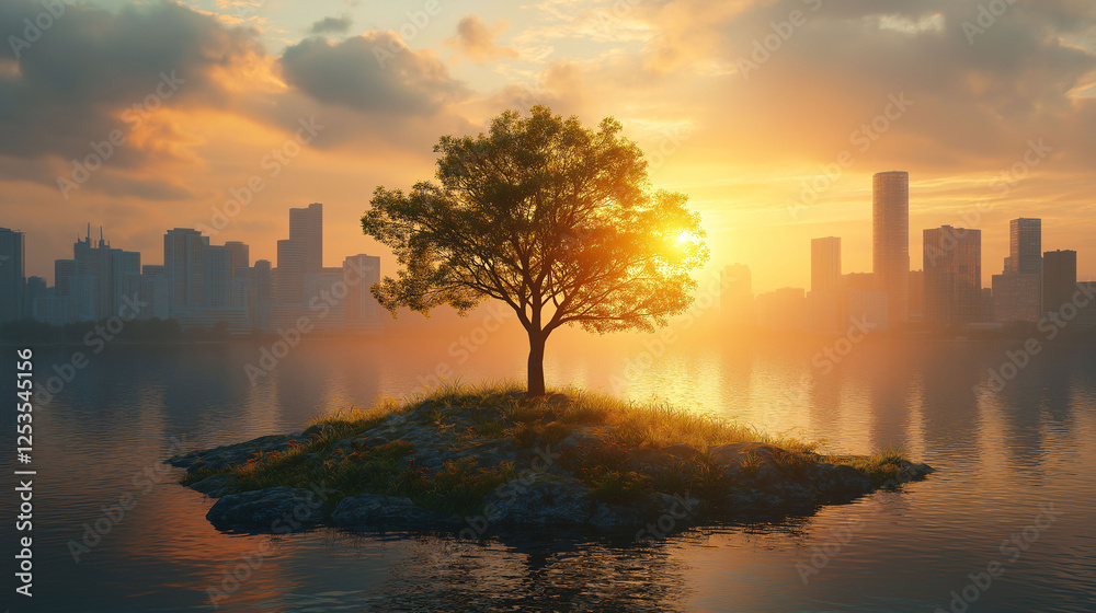 Fototapeta premium Sunset Cityscape Lone Tree on Island