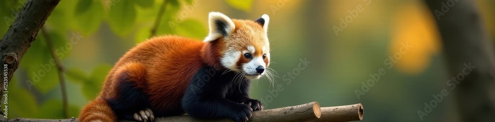 Obraz premium A red panda comfortably settled on a branch, looking out , branch, animal photography, red panda in tree