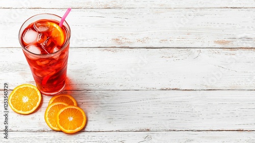 Refreshing Iced Drink with Orange Slices on Rustic Wooden Surface
