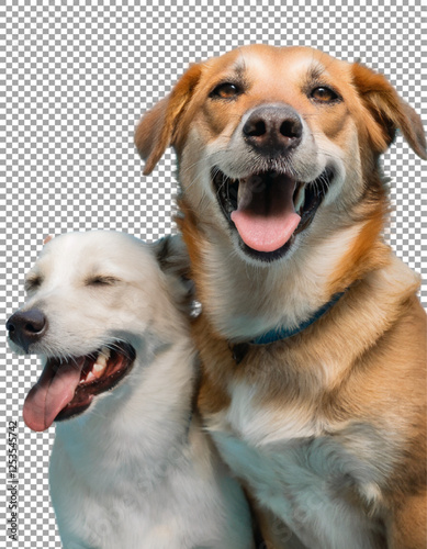 two smiling dogs, Cute Canine Companions with Fluffy Coats and Alert Ears on transparent background, png, psd
