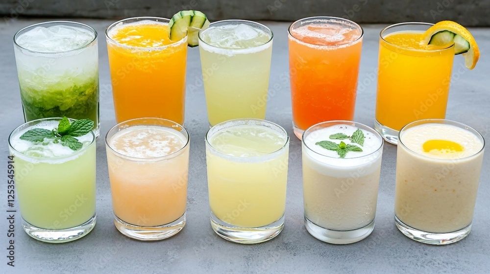 Variety of Colorful Fresh Fruit Beverages in Tall Glasses Variety of Colorful Fresh Fruit Beverages in Tall Glasses