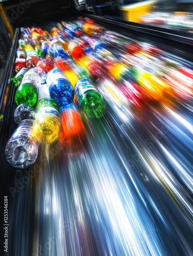 Close-up of a recycling sorting machine in action with colorful plastic bottles and cans moving on a conveyor belt dynamic motion blur photo