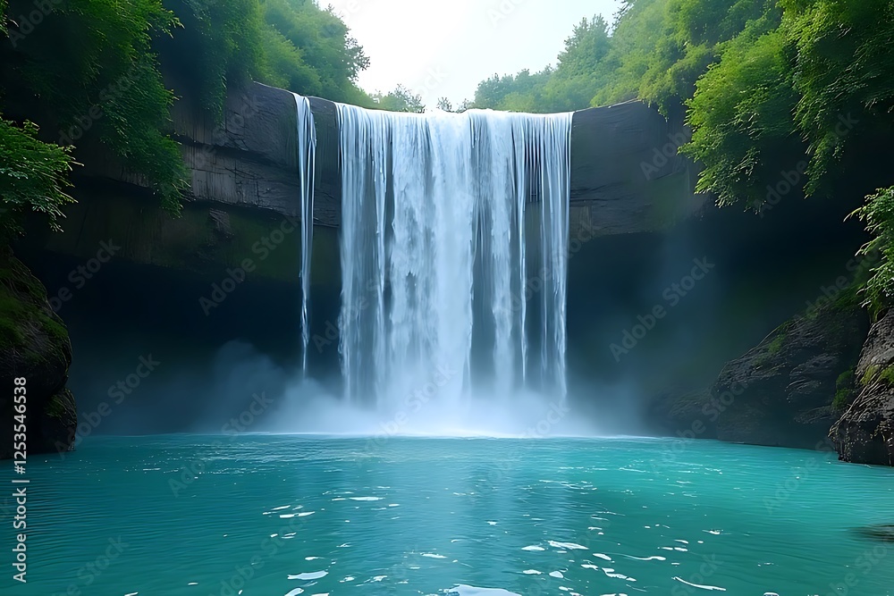 Fototapeta premium Serene Waterfall Cascading Into Tranquil Turquoise Pool Surrounded By Lush Green Foliage