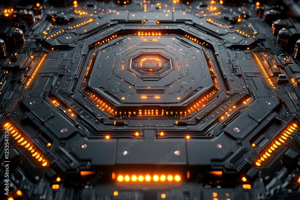 Fototapeta premium Futuristic Circuit Board with Glowing Orange Lights