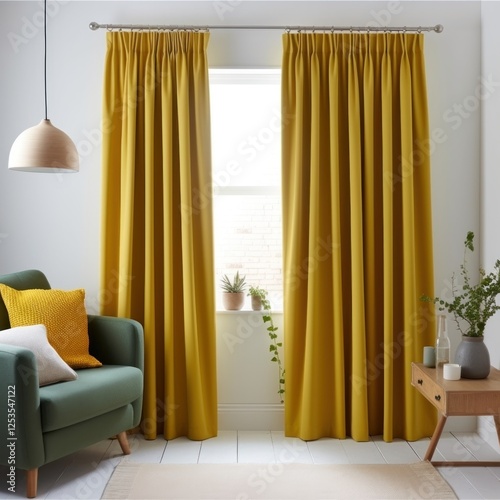 Heavy fabric curtains in modern bedroom, white walls and wooden furniture, miminal interior design