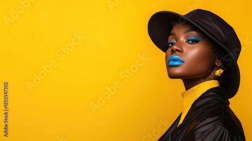 A fashionable look set against a playful yellow backdrop captures the essence of youthful expression in modern style, emphasizing creativity and self-confidence. photo