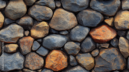 A seamless background of rocks and pebbles in earth tones, varying in size, shape, and texture. With shades from light brown to dark gray, this design highlights the natural beauty of stone, creating  photo