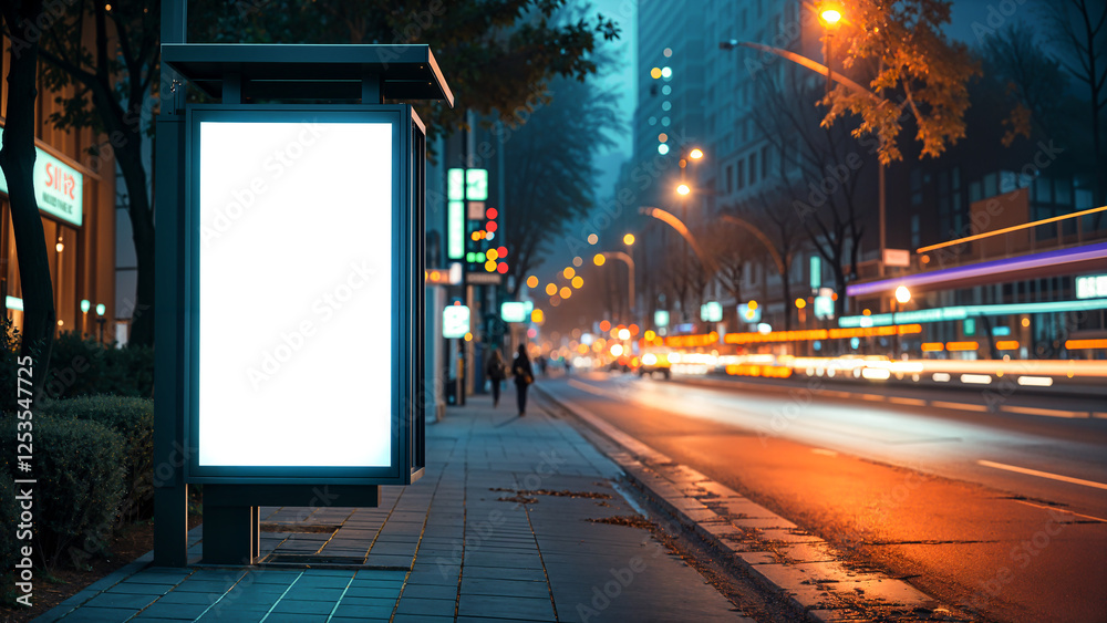 Blank Bus Stop Advertisement Panel at Night with Blurred City Traffic Blank Bus Stop Advertisement Panel at Night with Blurred City Traffic