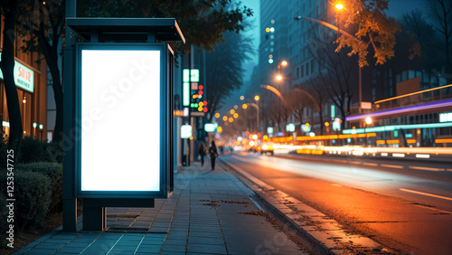 Blank Bus Stop Advertisement Panel at Night with Blurred City Traffic