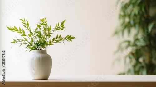 Wallpaper Mural Modern Stylish Interior Showcase with Greenery in Elegant White Vase on Minimalist Wooden Table, Creating a Serene Atmosphere for Home Décor Torontodigital.ca