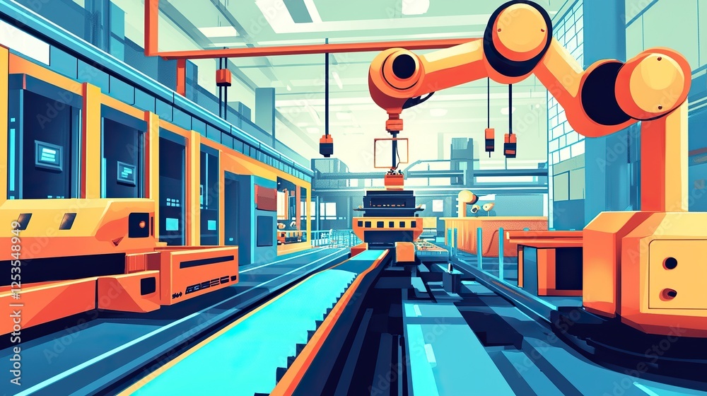 Fototapeta premium A fully automated production line in a modern factory, robots and conveyor belts working together.