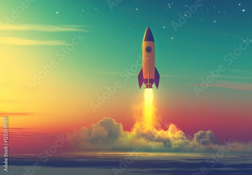 Pixel art rocket launching at colorful sunrise over clouds, vibrant sunset colors, and stars in the background, stylized pixel art, stylized digital art, space exploration, sunrise, sunset, rocket