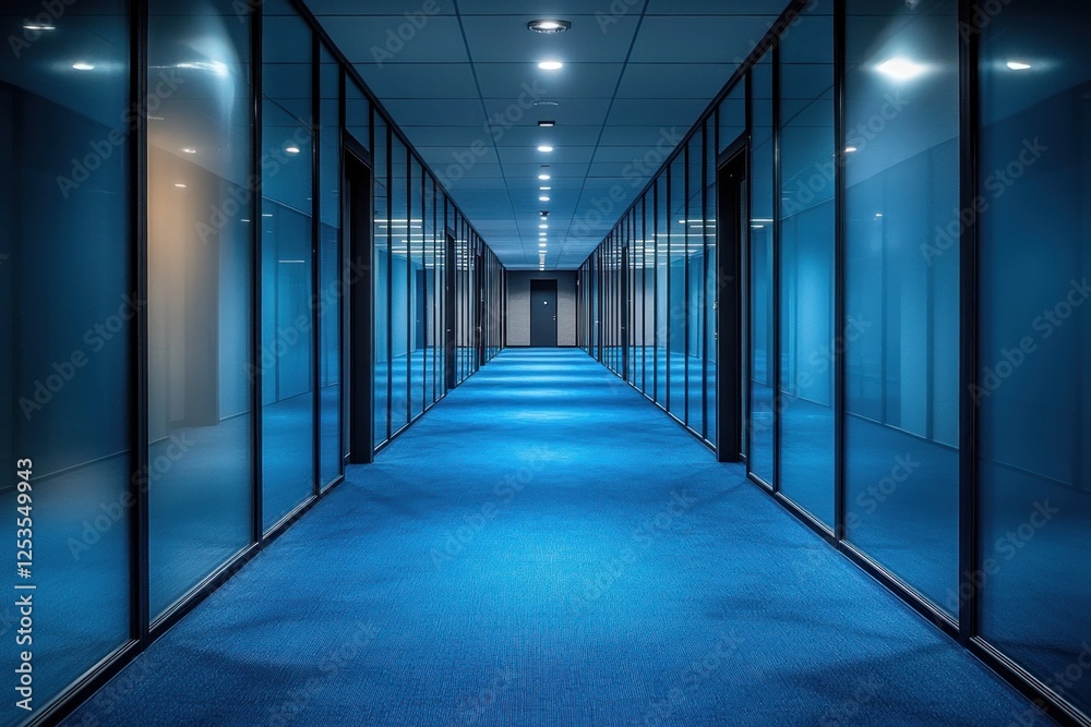 Empty blue carpeted office hallway with glass walls at night (1) Empty blue carpeted office hallway with glass walls at night (1)