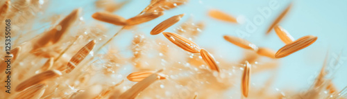 Rice grains in motion, being threshed and scattered against a bright background