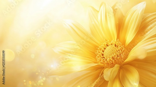 Close up of a radiant yellow flower with soft yellow background and bokeh lights, showcasing delicate petals and center. The image evokes a sense of warmth and beauty