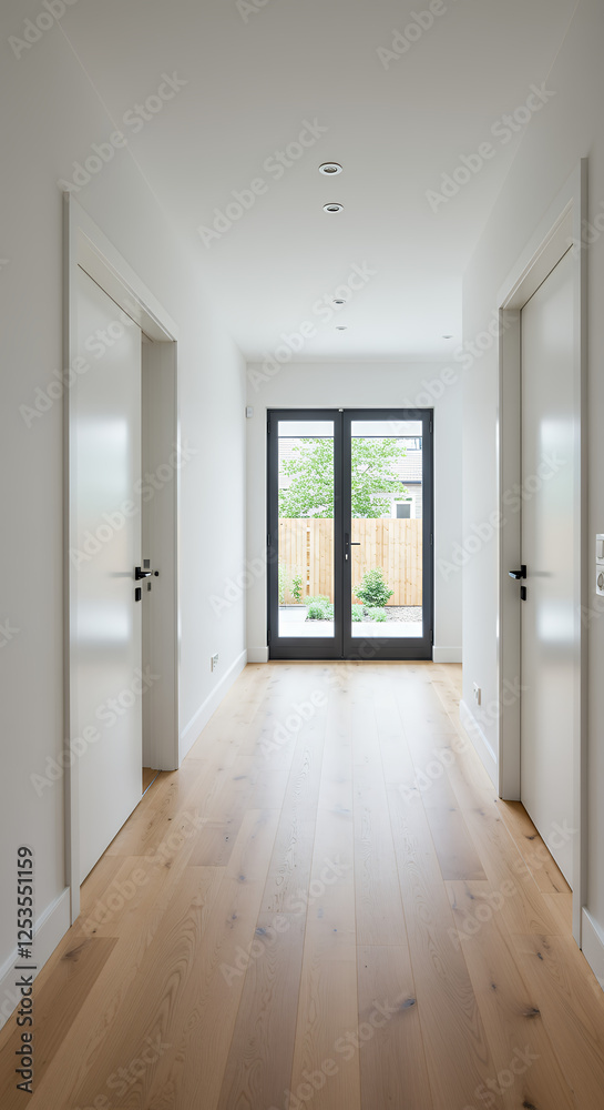 Fototapeta premium Bright Hallway: Wood Floors, White Walls, & Garden View | Modern Interior Design