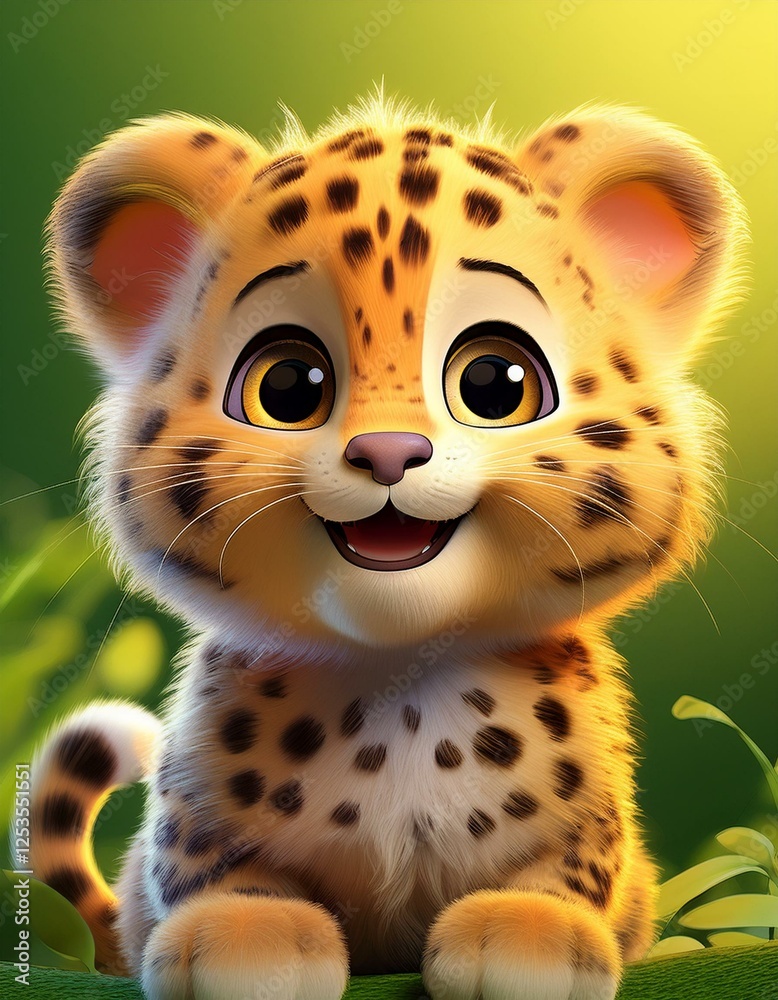 Niedliches Leopardenbaby, grüner Hintergrund Niedliches Leopardenbaby, grüner Hintergrund