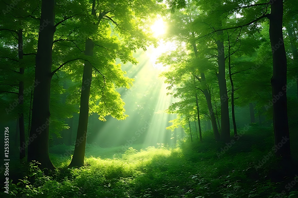 Obraz premium Ethereal Sunlight Streaming Through Lush Green Forest Canopy in a Serene Wilderness Setting